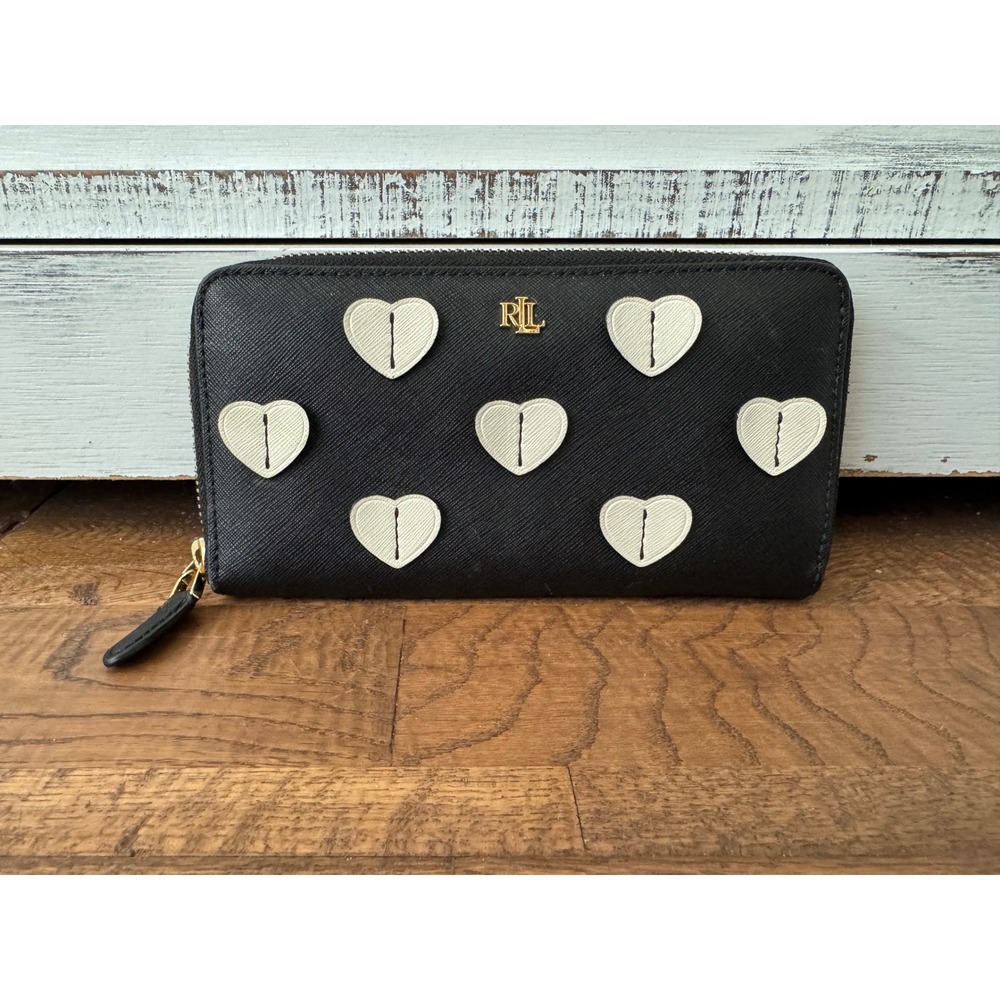 Lauren Ralph Lauren Black White Heart Accordion Leather Wallet Zip Around
